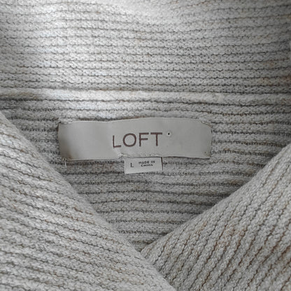 LOFT Cowl Neck Ribbed Tunic Sweater L Oatmeal Beige Longline Knit