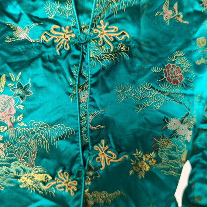 Vintage Imperial Hong Kong Teal Satin Brocade Jacket Floral Embroidered M
