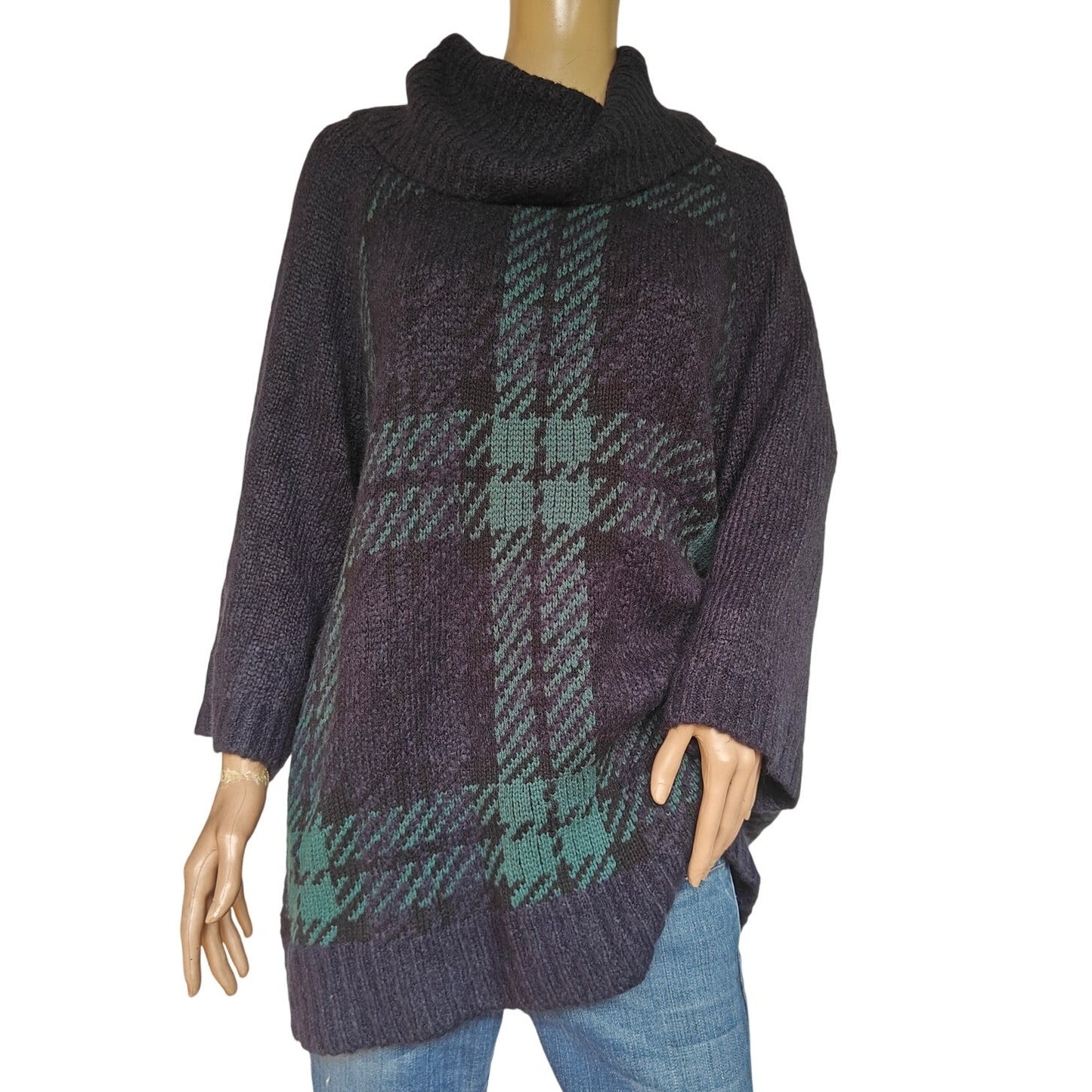 Lands’ End 1X Plaid Cowl-Neck Poncho Sweater Navy/Green Tartan