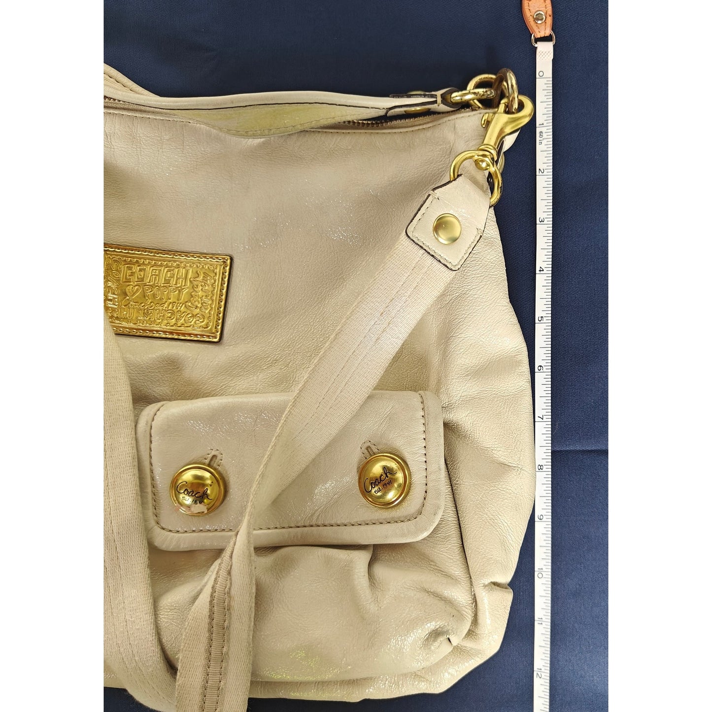 Coach Poppy Pocket Hobo 14681 – Ivory Leather Shoulder Bag, Gold Hardware, Double Front Pockets