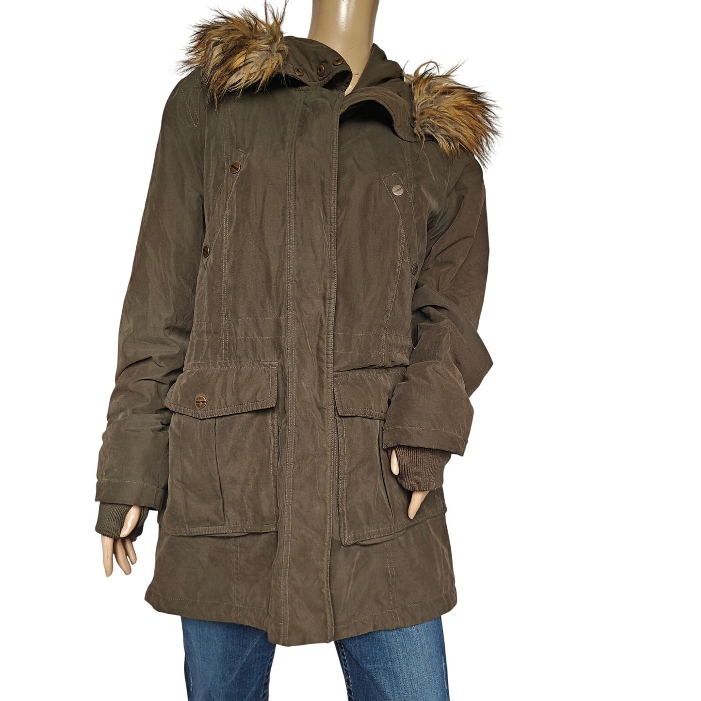 a.n.a Olive Faux-Fur Hooded Parka Coat Women’s L – Quilted Lining, Pockets