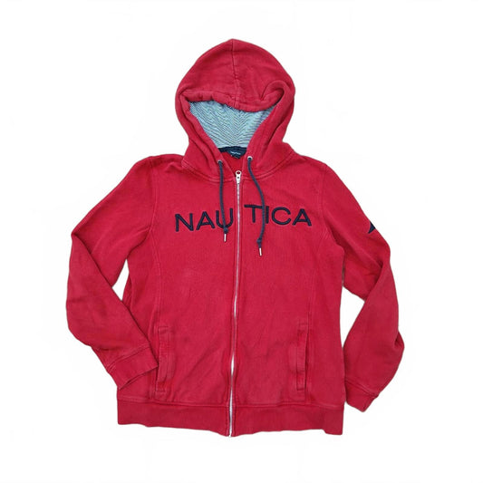 Nautica Red Full Zip Hoodie Sweatshirt with Embroidered Logo Size L