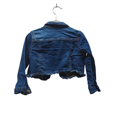GUESS Girls 3T Cropped Denim Jacket Raw Hem Logo Patch Stretch Jean Buttons Blue