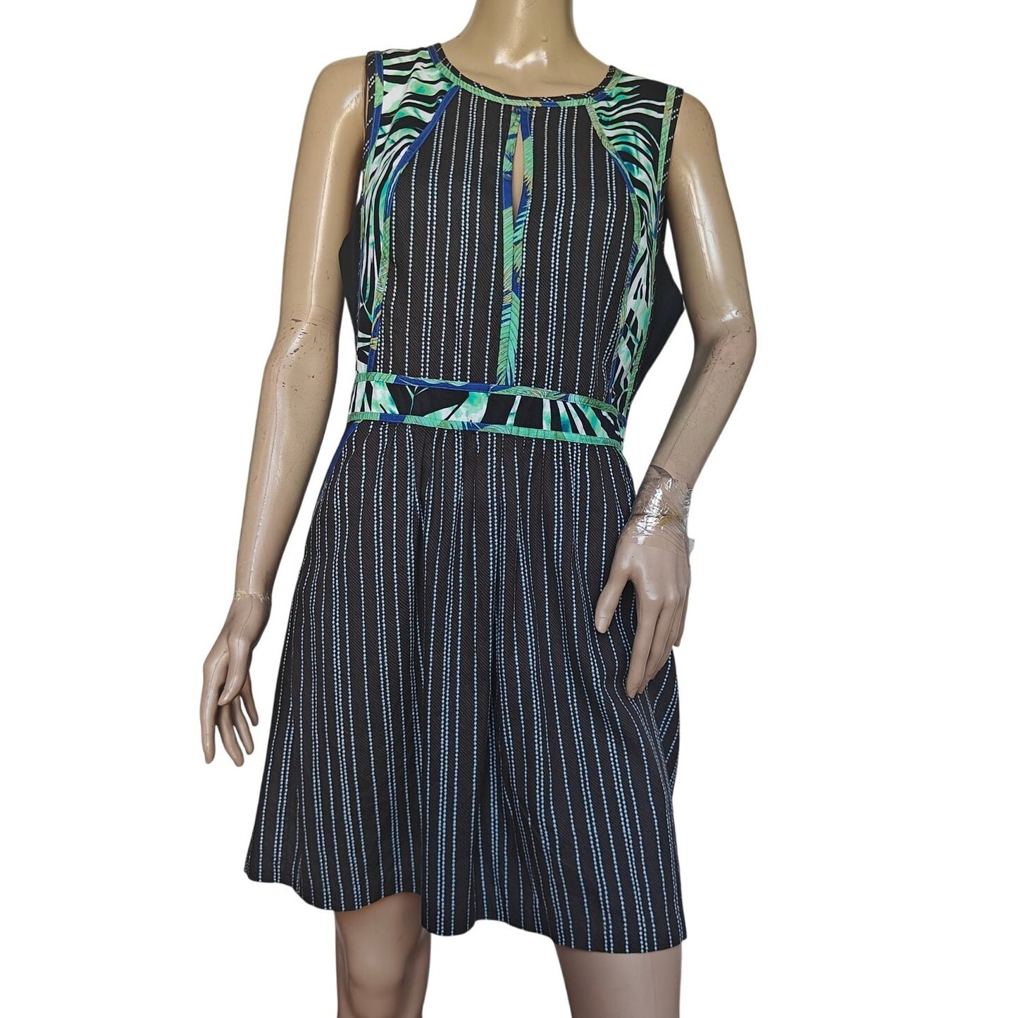 BCBGMAXAZRIA Striped Fit & Flare Dress w/ Tropical Print Trim – Size 12