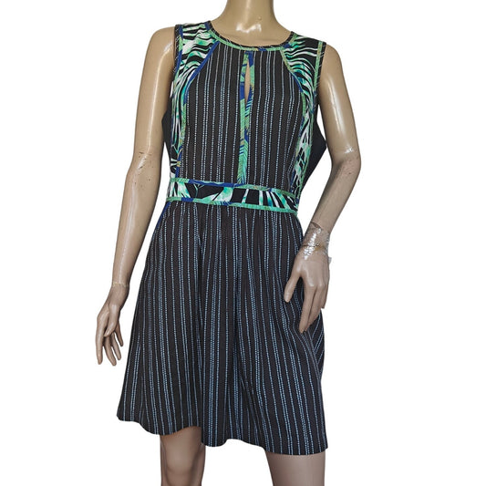 BCBGMAXAZRIA Striped Fit & Flare Dress w/ Tropical Print Trim – Size 12