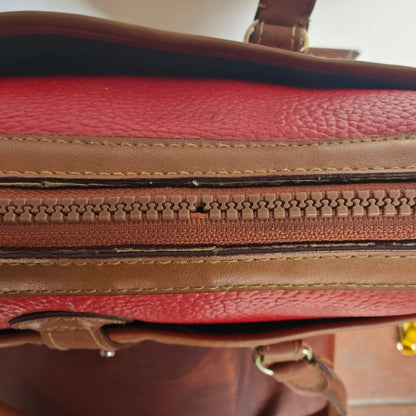 Dooney & Bourke All Weather Leather Satchel – Red Pebbled w/ British Tan Trim, Zip-Top, Vintage 80s/90s