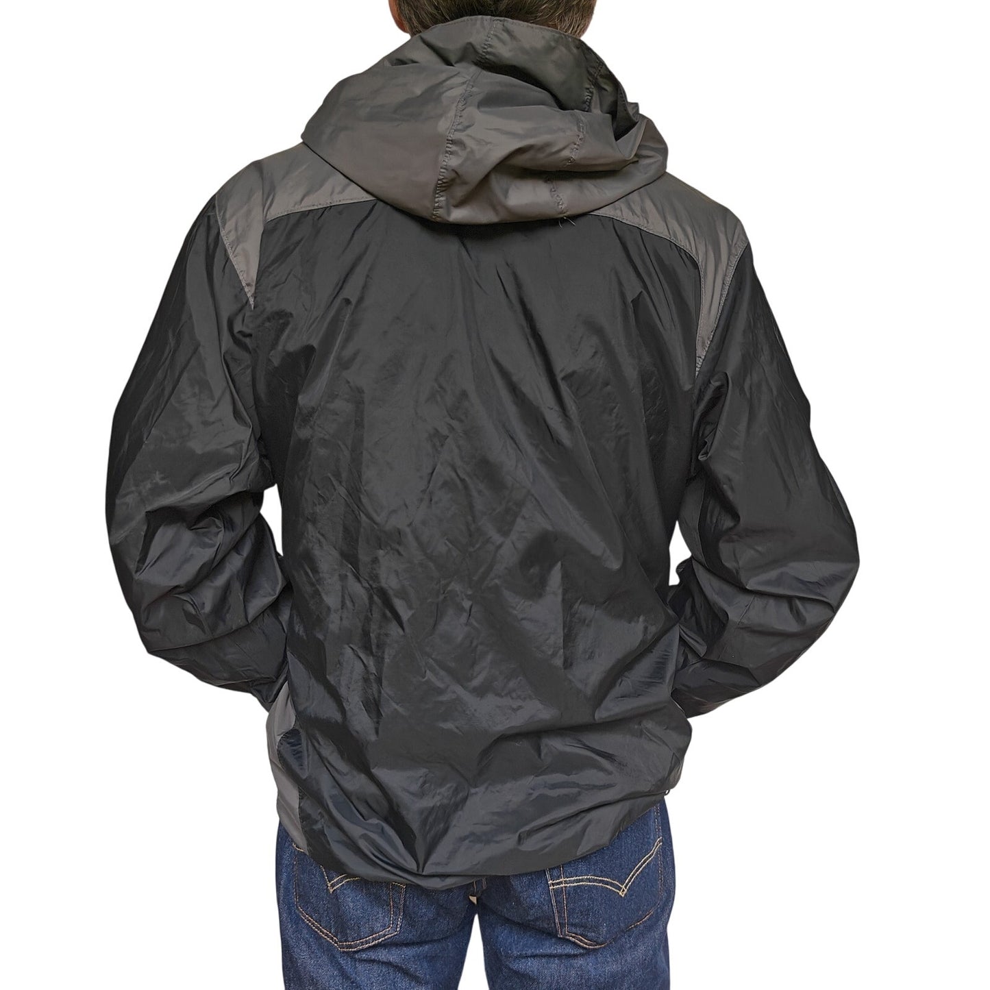 Columbia Men’s Hooded Rain Jacket Black/Gray Lightweight Windbreaker – Size L