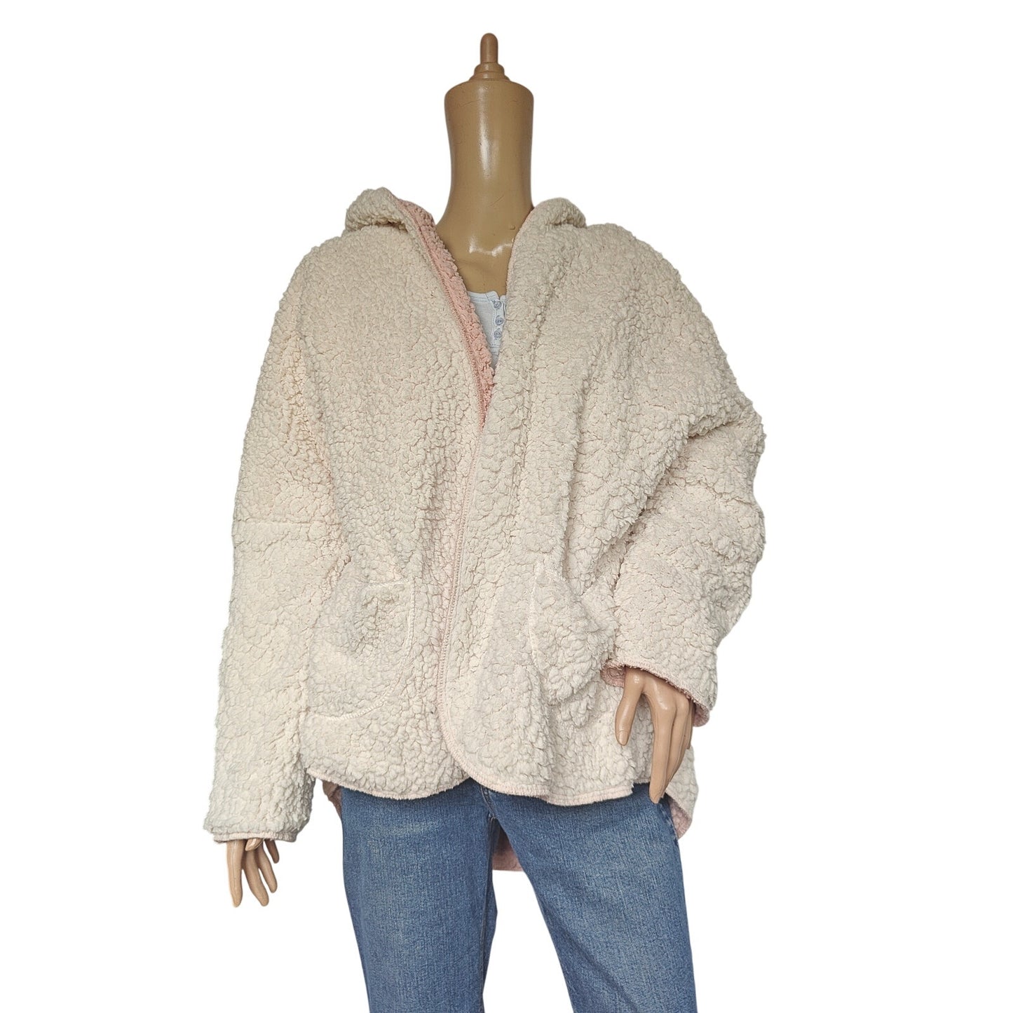 Me Jane Reversible Sherpa Teddy Coat Hoodie XL – Blush Pink / Cream, Cozy Faux-Fur Jacket with Hood & Pockets