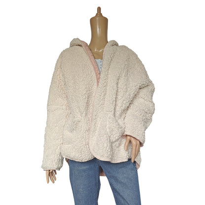 Me Jane Reversible Sherpa Teddy Coat Hoodie XL – Blush Pink / Cream, Cozy Faux-Fur Jacket with Hood & Pockets