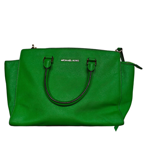Michael Kors Saffiano Leather Satchel – Kelly Green Structured Zip-Top Tote/Crossbody, Gold Hardware
