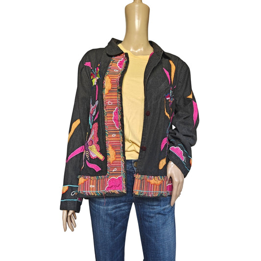Parsley & Sage Black Embroidered Jacket Large Boho Artsy Floral Patchwork
