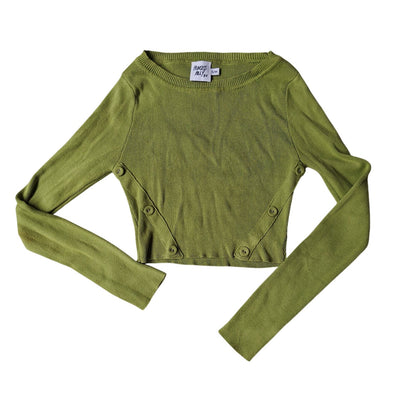 Princess Polly Ribbed Button-Detail Sweater — Chartreuse Green, Crew Neck, Long Sleeve (S/M)