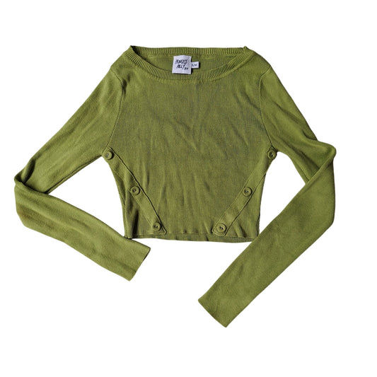 Princess Polly Ribbed Button-Detail Sweater — Chartreuse Green, Crew Neck, Long Sleeve (S/M)