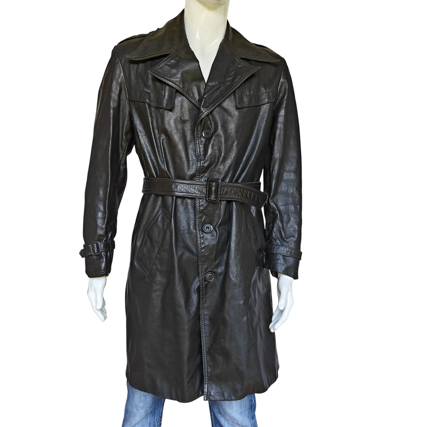 Men’s Black Leather Trench Coat Belted Zip-Out Liner Size 42 Military Style