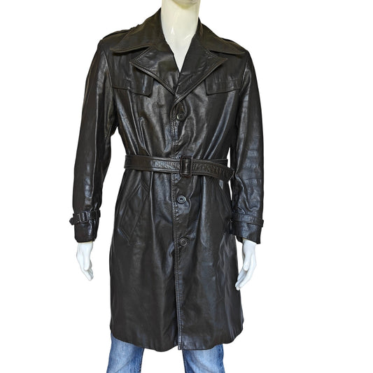 Men’s Black Leather Trench Coat Belted Zip-Out Liner Size 42 Military Style