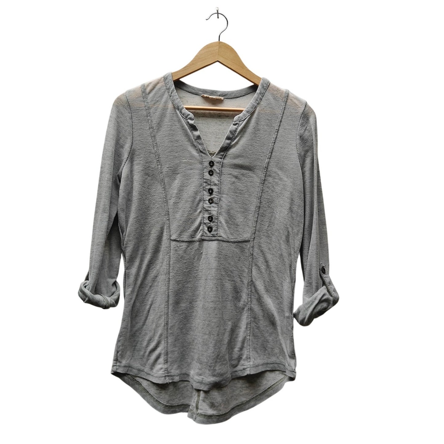 Jane & Delancey Gray Henley Top Roll-Tab Sleeves High-Low Hem Size M
