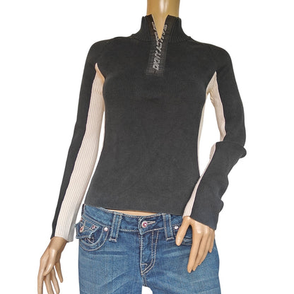 DKNY Active Colorblock Ribbed Half-Zip Sweater Top Small Black/Cream