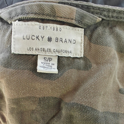 Lucky Brand Camo Lyocell Utility Jacket Snap Front Collarless Women