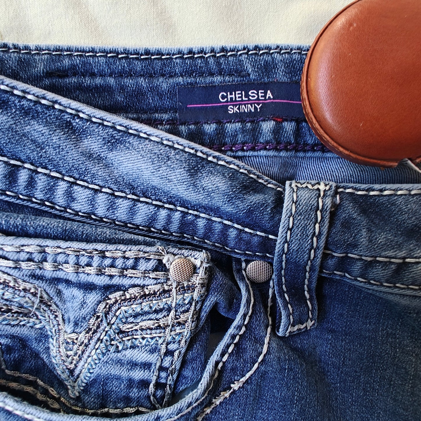 Vigoss Chelsea Skinny Jeans Blue Mid Rise Contrast Stitching Women’s