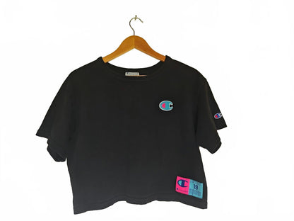 Champion Black Crop Tee With Pink/Blue Patch - Size M