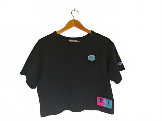 Champion Black Crop Tee With Pink/Blue Patch - Size M