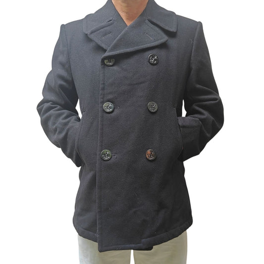 Vintage US Navy Pea Coat 40S Black Wool Double Breasted Military Issue Jacket