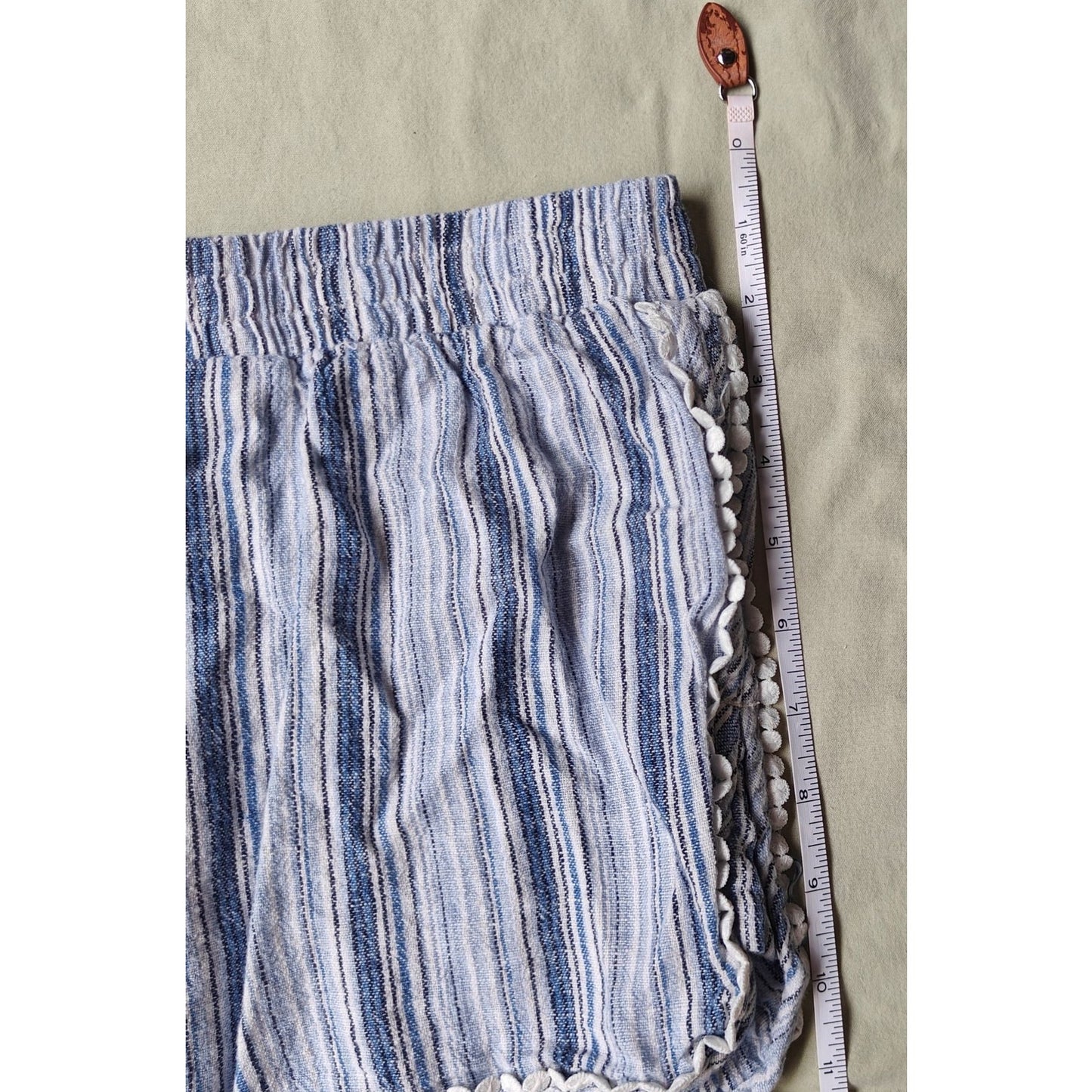 Aéropostale Striped Tassel Drawstring Shorts Blue/White Boho Pom-Pom Trim Beach Lounge