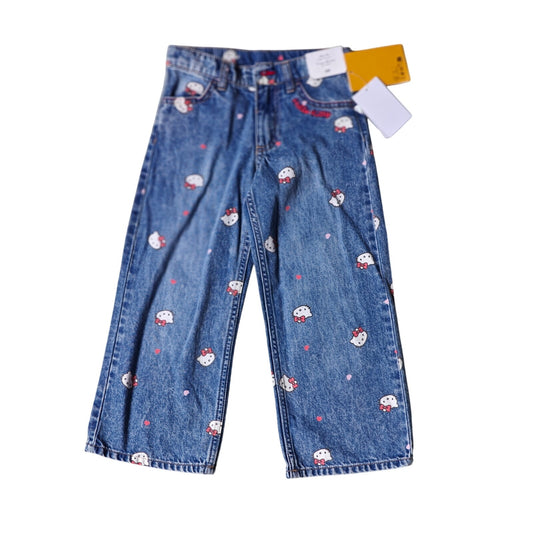 H&M Hello Kitty Girls Slim Fit Wide Leg Jeans 4T NWT Blue Denim Hearts Print