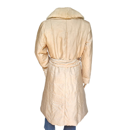 Platine Faux Fur Collar Belted Coat Champagne Gold Satin Women’s M