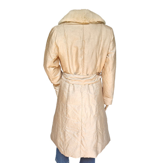 Platine Faux Fur Collar Belted Coat Champagne Gold Satin Women’s M