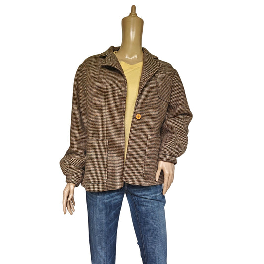 Vintage 70s Wool Tweed Jacket Made in Uruguay Brown Checkered Houndstooth Coat