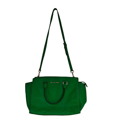 Michael Kors Saffiano Leather Satchel – Kelly Green Structured Zip-Top Tote/Crossbody, Gold Hardware
