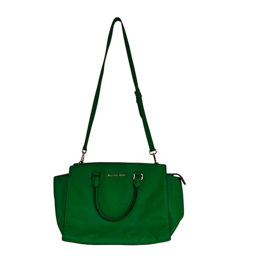 Michael Kors Saffiano Leather Satchel – Kelly Green Structured Zip-Top Tote/Crossbody, Gold Hardware