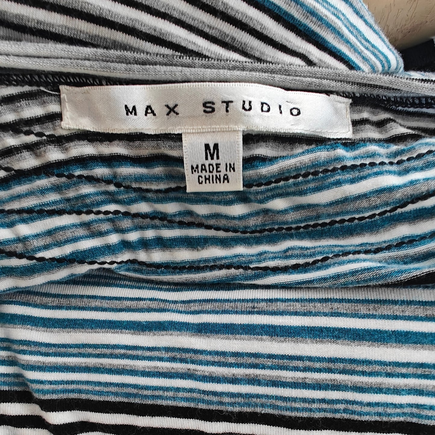 Max Studio striped knit dress M teal/black cowl neck sleeveless, stretch