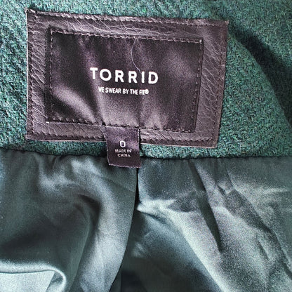 Torrid Green Fit & Flare Wool Blend Coat Zip Front Military Style Size 0