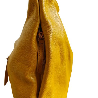 Laggo Pebbled Leather Hobo Shoulder Bag Mustard Yellow – Zip Top, Studded Front Pocket, Gold Hardware