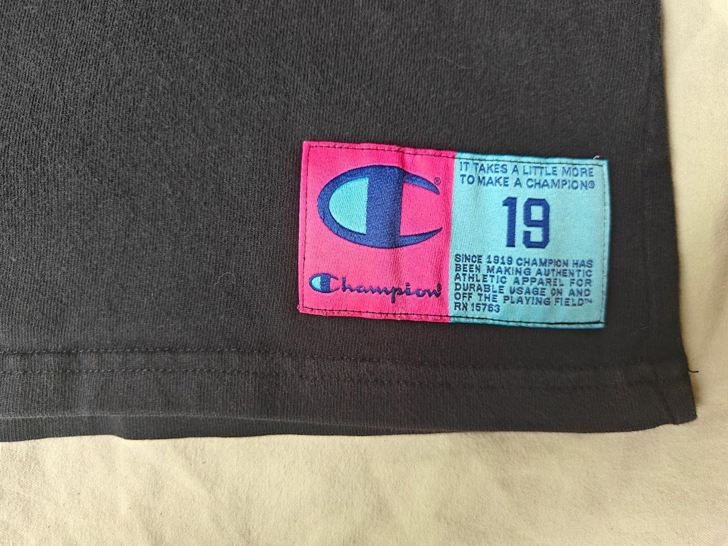 Champion Black Crop Tee With Pink/Blue Patch - Size M