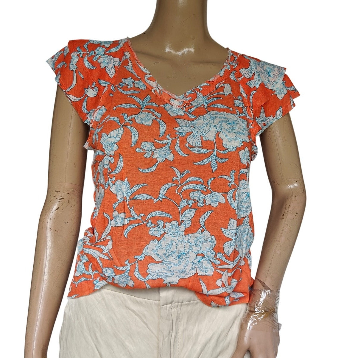 Philosophy Republic Clothing Floral V-Neck Blouse Orange Blue Size S