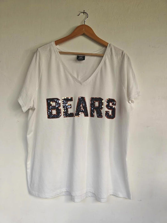 Chicago Bears White Sequin V-Neck Tee - Size 2XL