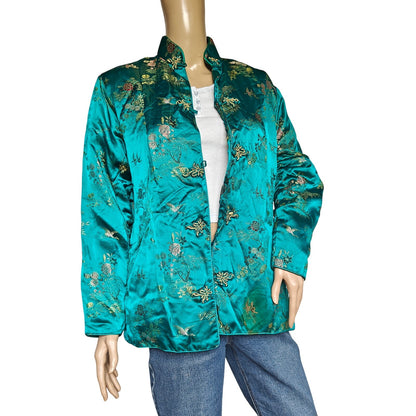 Vintage Imperial Hong Kong Teal Satin Brocade Jacket Floral Embroidered M