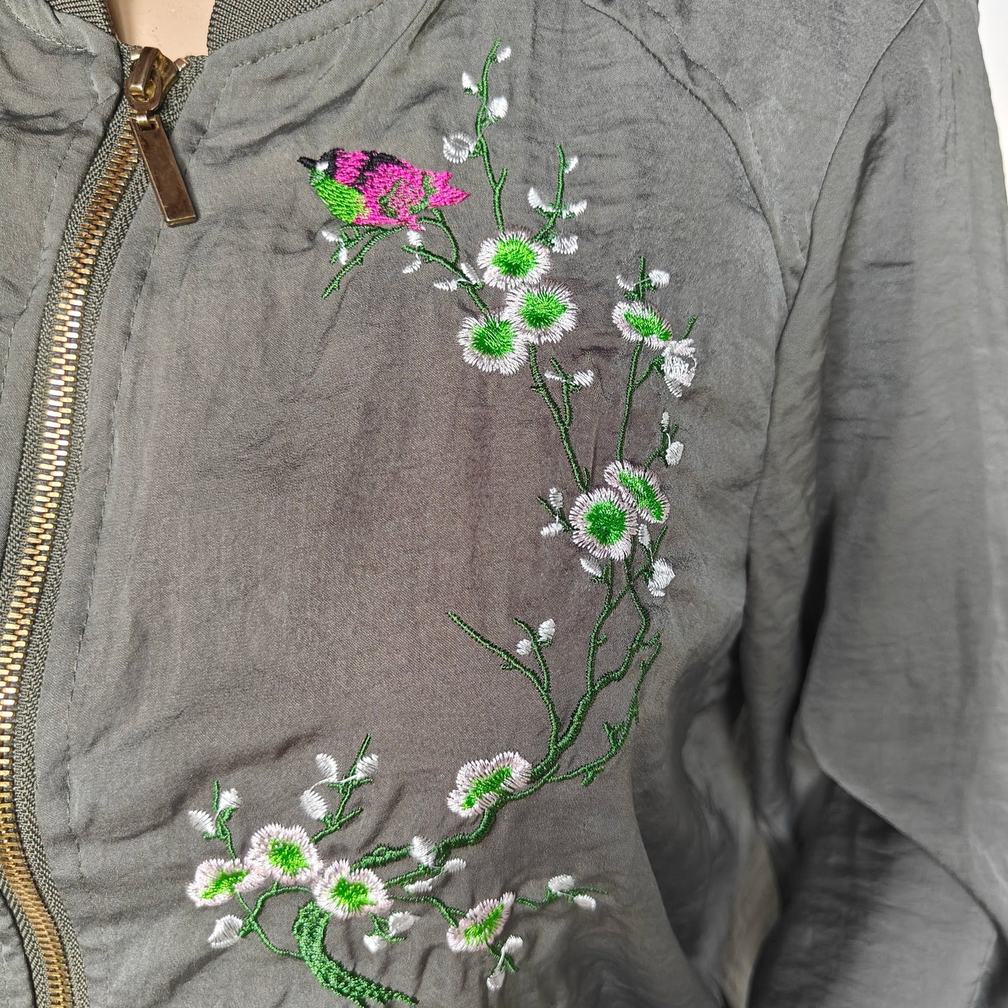 Janina Floral Embroidered Bomber Jacket Olive Zip Drawstring Hem S