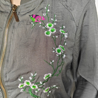 Janina Floral Embroidered Bomber Jacket Olive Zip Drawstring Hem S