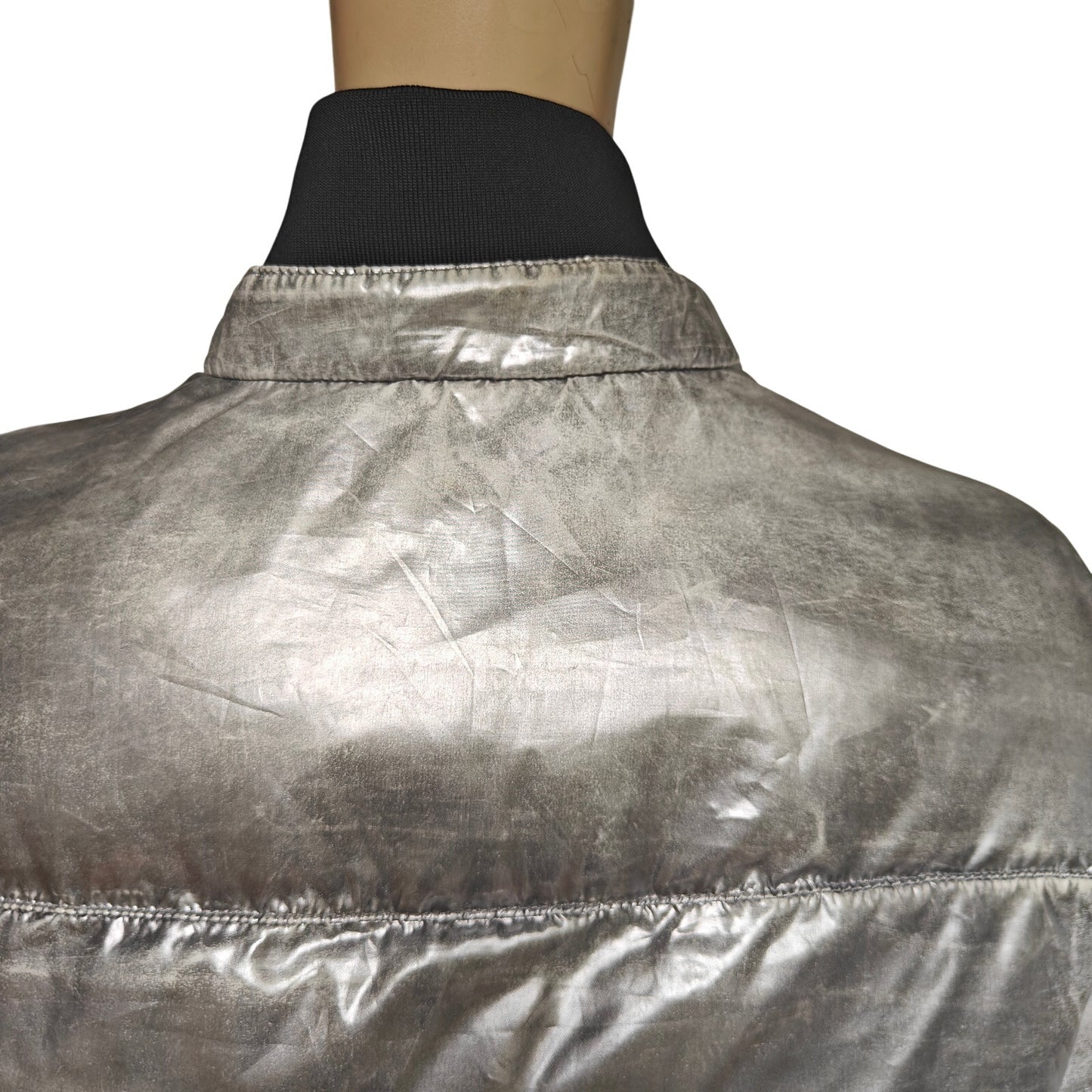 UGG Metallic Silver Puffer Jacket Coat Women’s L | High Neck, Drawcord Hem