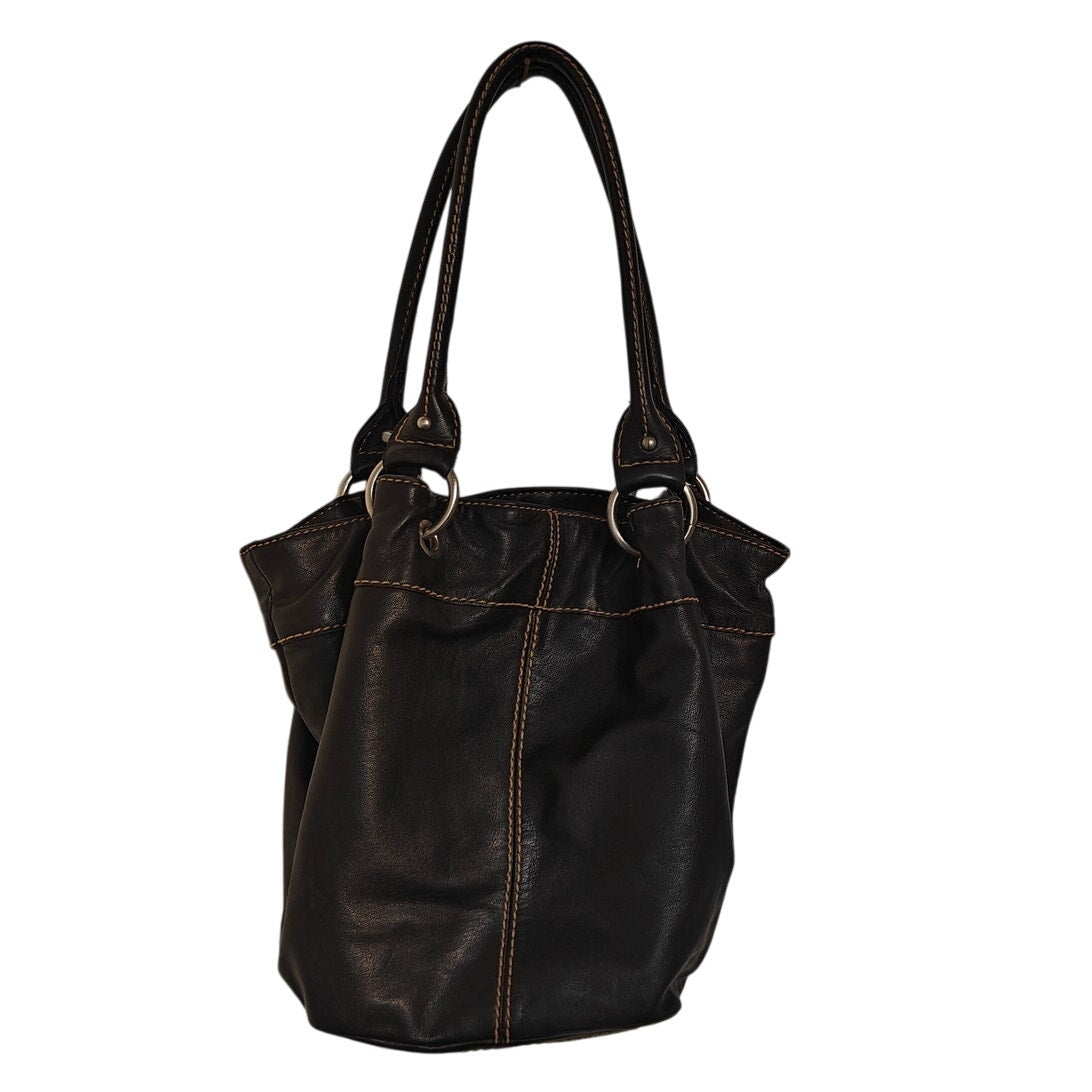 Tignanello Black Leather Shoulder Bag Tote – Contrast Stitch & Ring Hardware