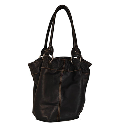 Tignanello Black Leather Shoulder Bag Tote – Contrast Stitch & Ring Hardware