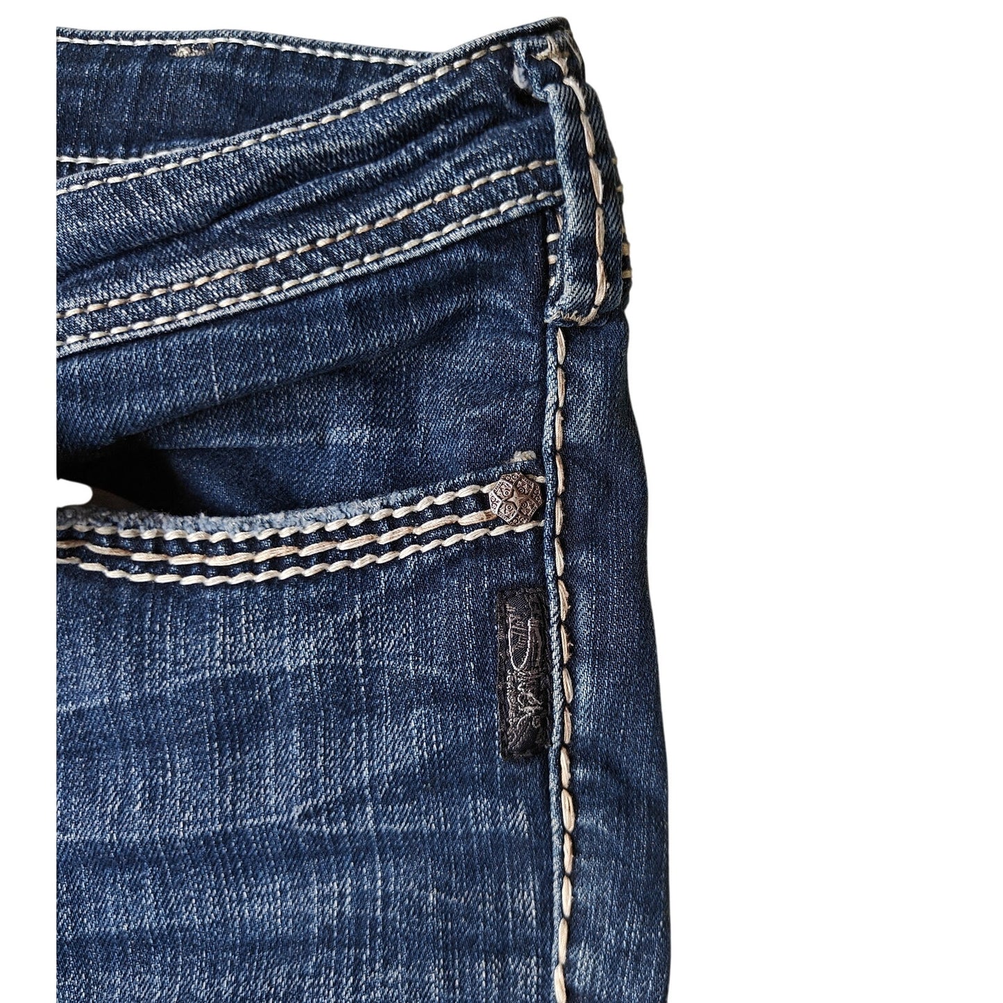 Silver Jeans Co. Berkley Flap Bootcut Jeans Dark Wash Distressed Size 28