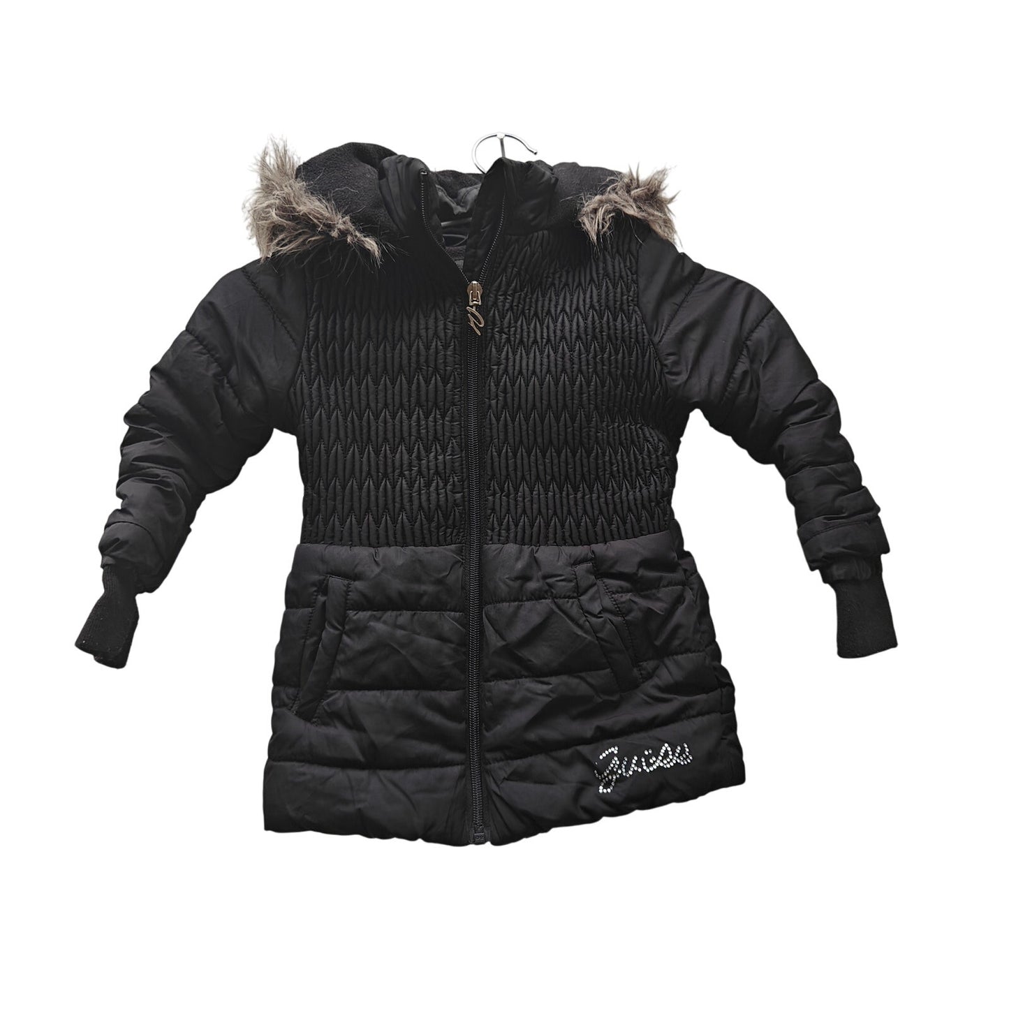 GUESS Girls Black Puffer Jacket Faux-Fur Hood Quilted Warm Winter Coat