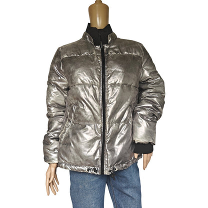 UGG Metallic Silver Puffer Jacket Coat Women’s L | High Neck, Drawcord Hem