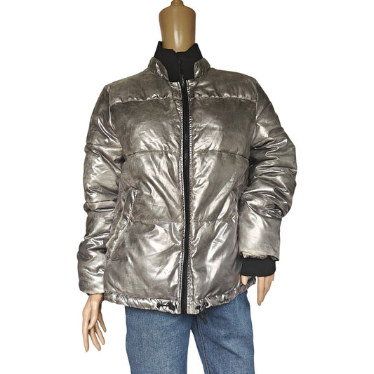 UGG Metallic Silver Puffer Jacket Coat Women’s L | High Neck, Drawcord Hem