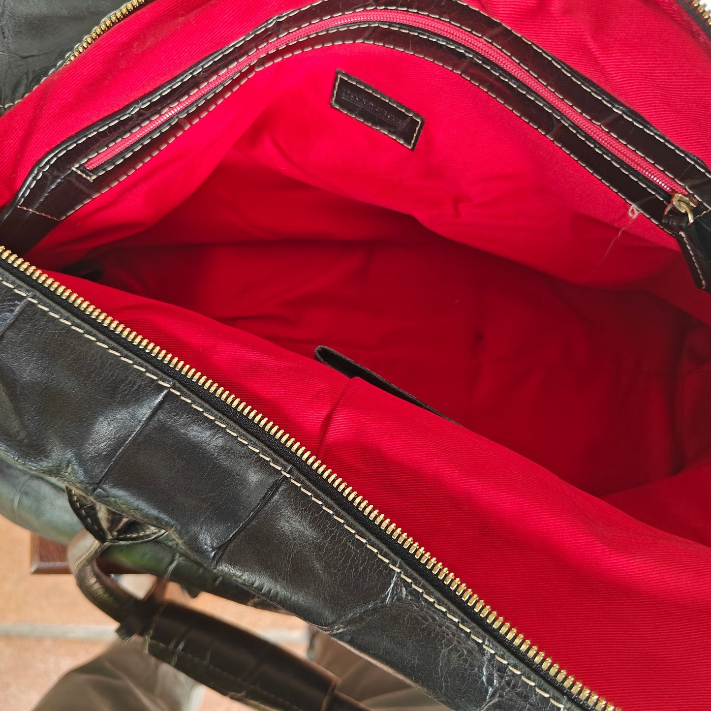 Dooney & Bourke Black Croc Embossed Medicine Bag Leather Satchel Red Lining